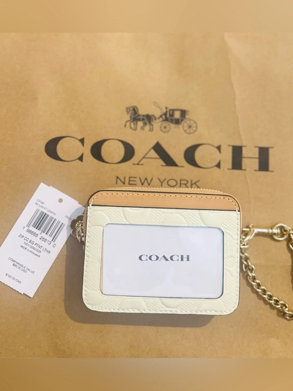 Coach Cream  and Tan Card Case with Gold Chain